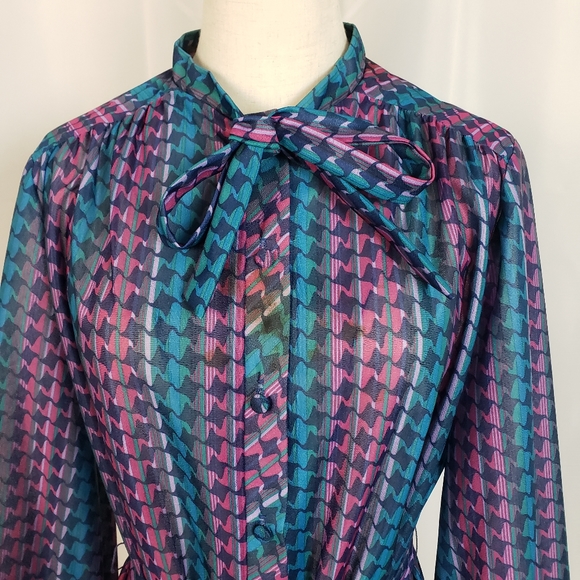 Femme of Dallas 80's Sheer Multicolor Belted Long Sleeve Dress Blue Pink XL USA - Picture 2 of 5